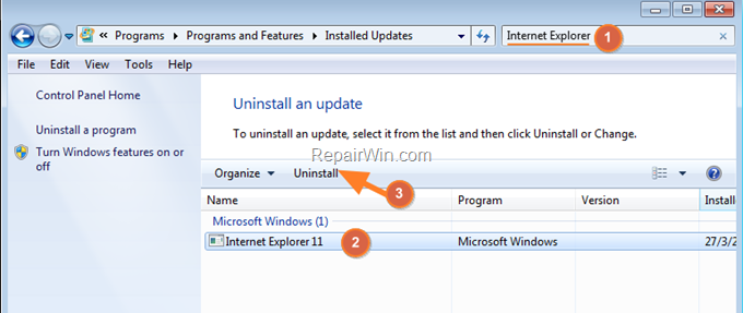 Uninstall Internet Explorer on Windows 7