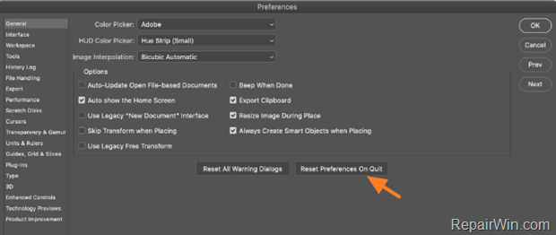 Reset Photoshop Preferences