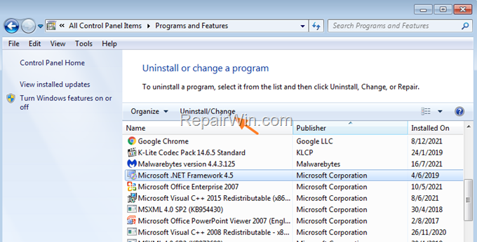 Uninsstall NET Framework Windows 7