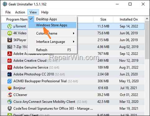 Save a list of Windows Store Apps with geek uninstaller