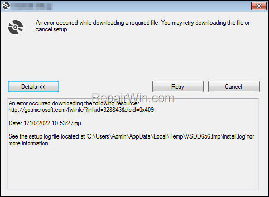 An error occurred while downloading a required file from the source