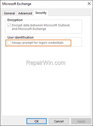Outlook Always prompt for logon credentials is grayed out 