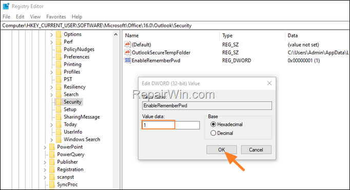 Enable 'Remember My Password' checkbox in outlook