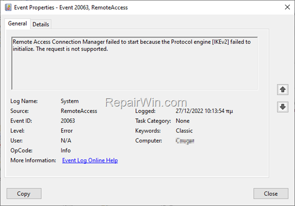 FIX Remote Access IKEv2 failed to initialize.