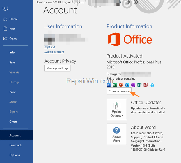 change office product key - license