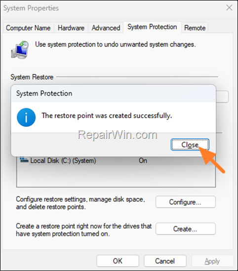 Create System Restore Point in Windows 11/10