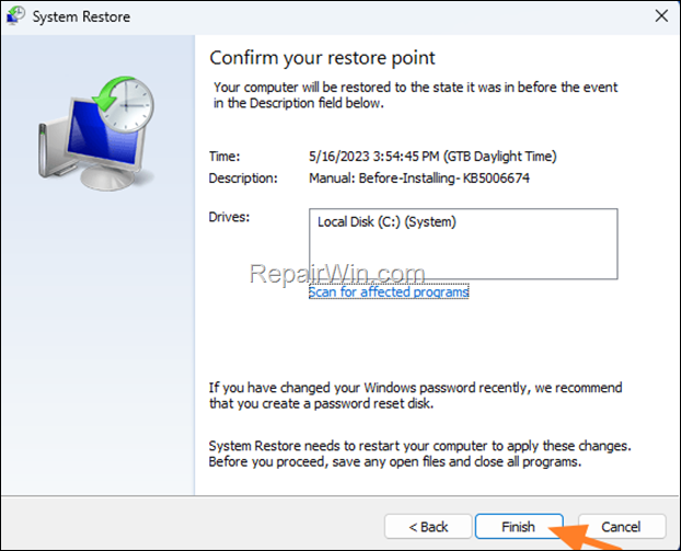 Restore Windows using a Restore Point
