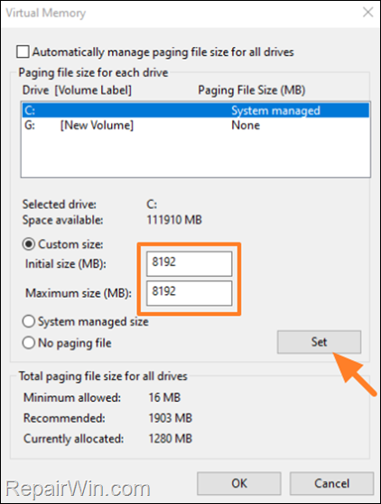 Set Custom Paging File - Virtual memory