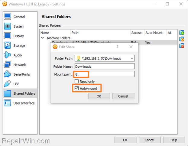 map network shared folder to virtualbox guest