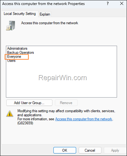 Access this computer from the network 