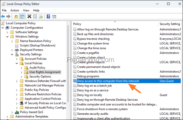Deny access to this computer from the network 