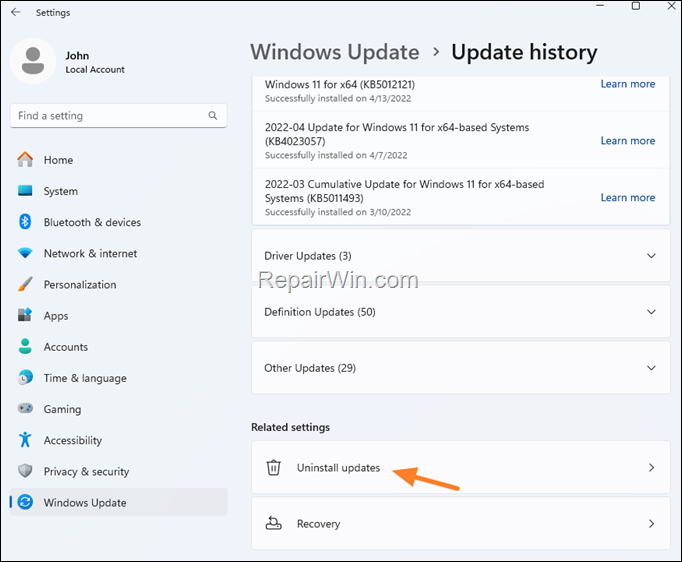 Windows 11 - Uninstall Updates