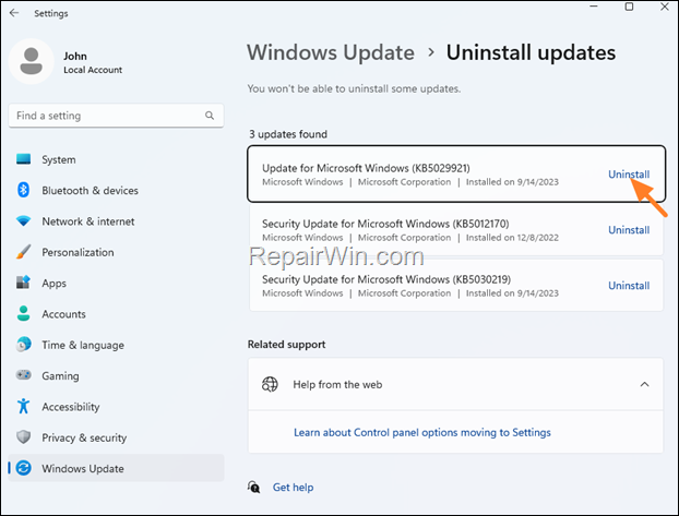 Uninstall Update Windows 11