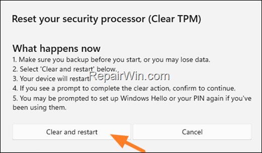Reset Security Processor - Clear TPM keys
