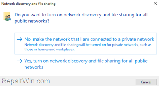 turn on network discovery and file sharing