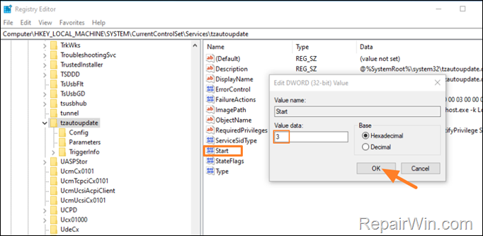 Enable "Set time zone automatically" - Registry