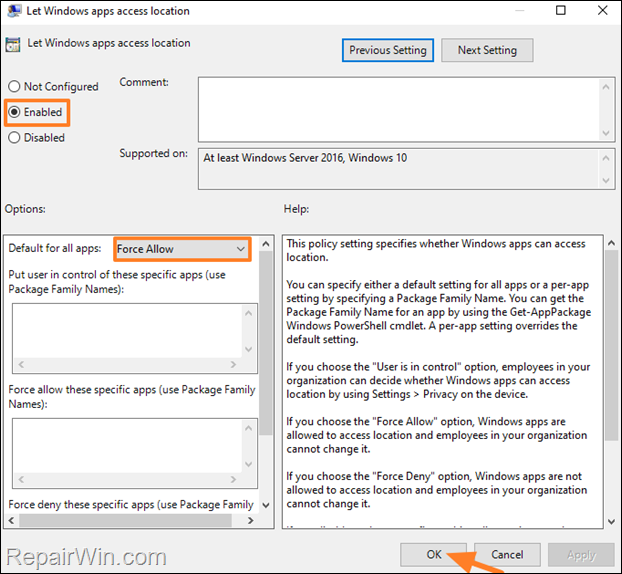 Let Windows apps to access location 