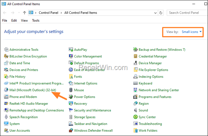 control panel - mail