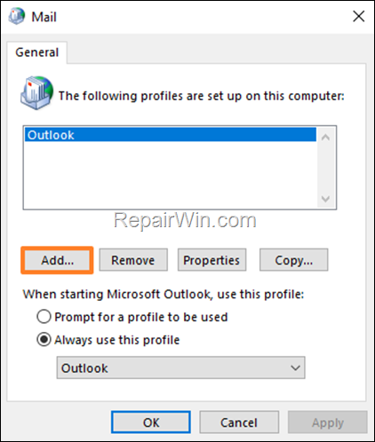 add outlook profile