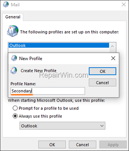 create outlook profile