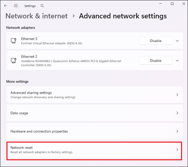 Reset Network windows 11