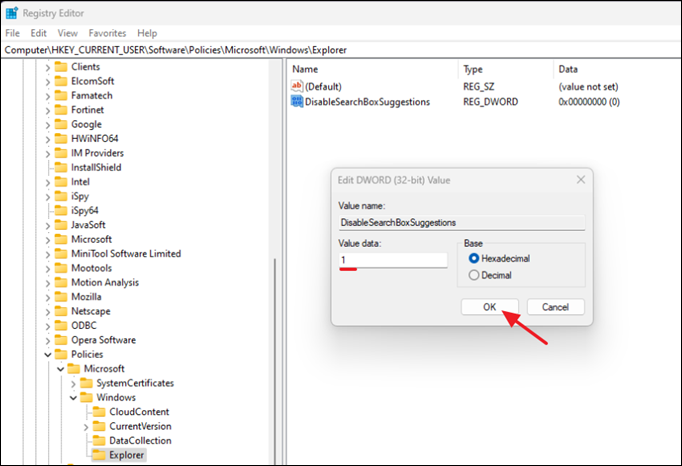 Disable Web Search Suggestions - Windows 11